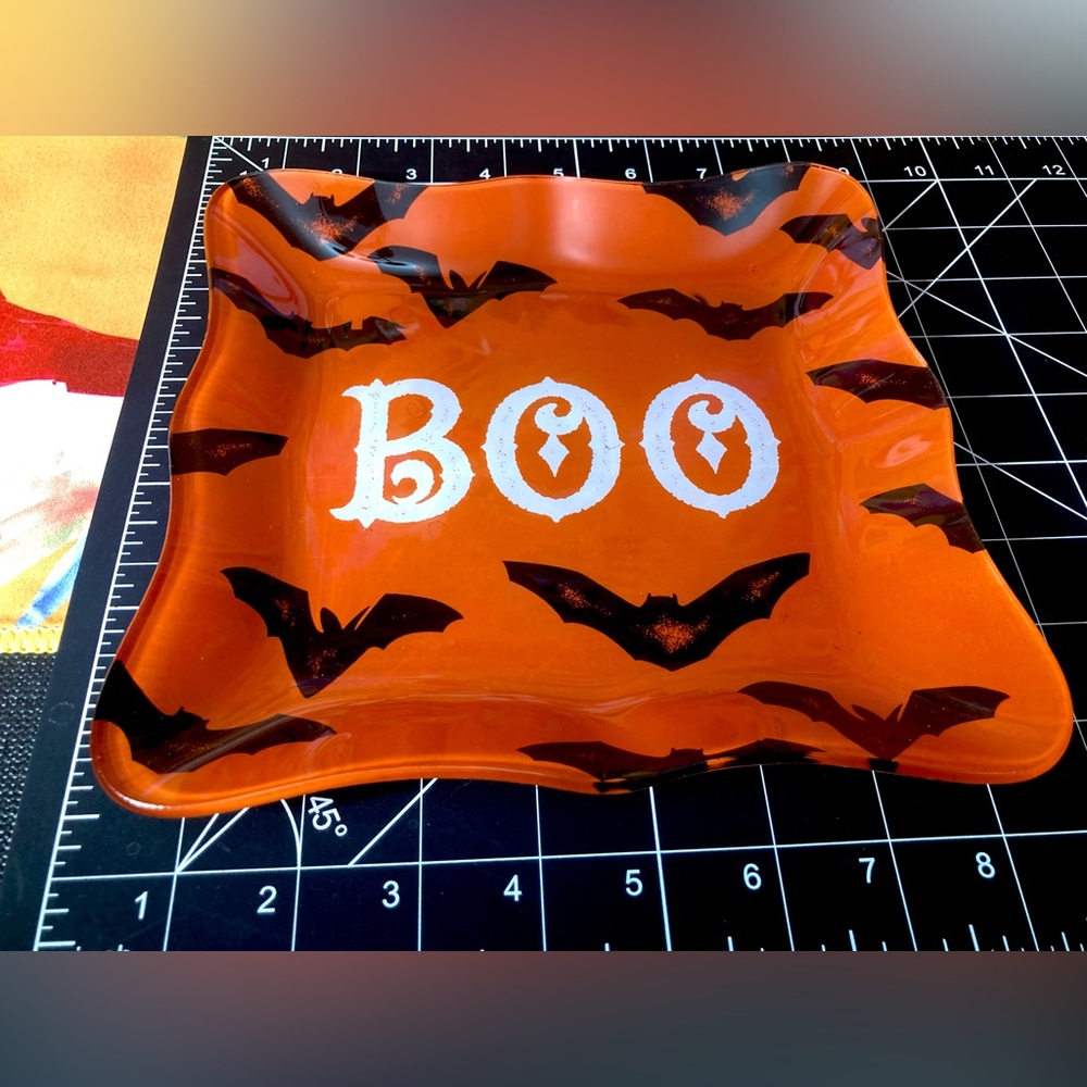 Orange and Black Glass Halloween BOO Bat Dish Creepy Cute Decor